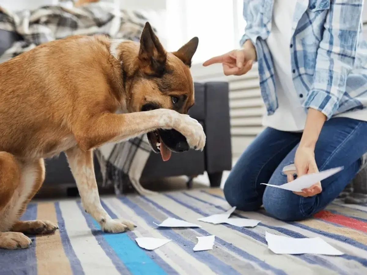 A guilty dog covers its face with a paw as a person points at torn pieces of paper scattered on the rug.