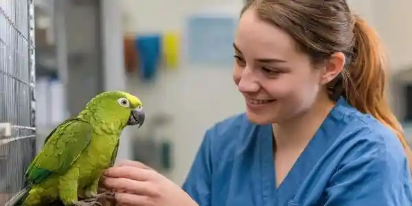 Veterinary worker gently examining a green parrot beside a bird cage in a clinic setting.