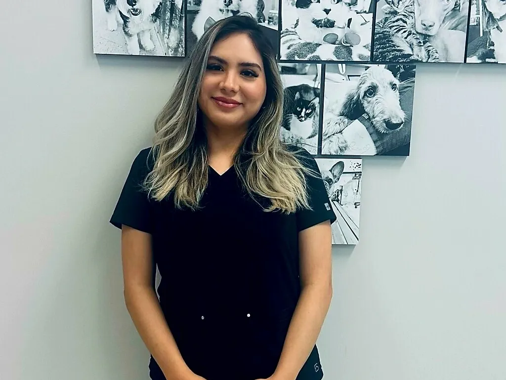 Smiling woman with highlighted hair wearing black scrubs, standing in front of a wall of pet photos.
