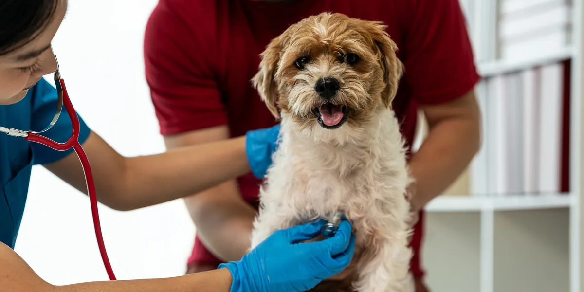 A veterinarian uses a stethoscope to examine a small, scruffy dog being held by an owner.