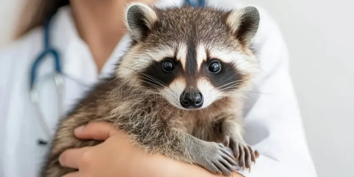 A person in a white lab coat and stethoscope holding a baby raccoon.