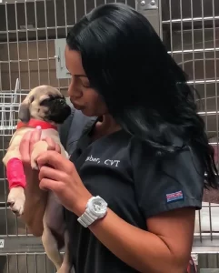 Veterinary technician holding a pug puppy with a bandaged leg inside an animal clinic kennel area.