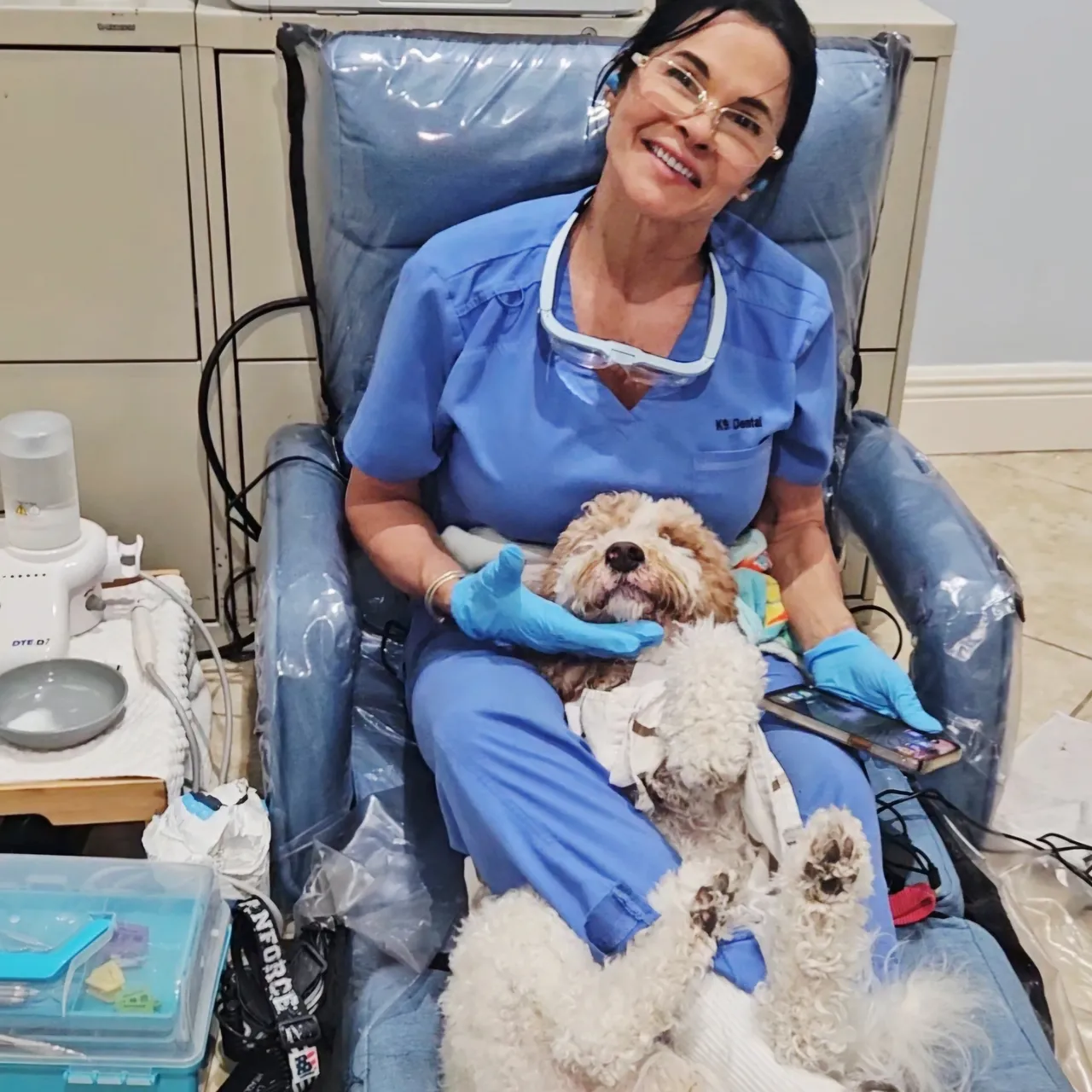 A dental technician in blue scrubs and gloves holds a small dog on her lap in a medical chair with equipment nearby.