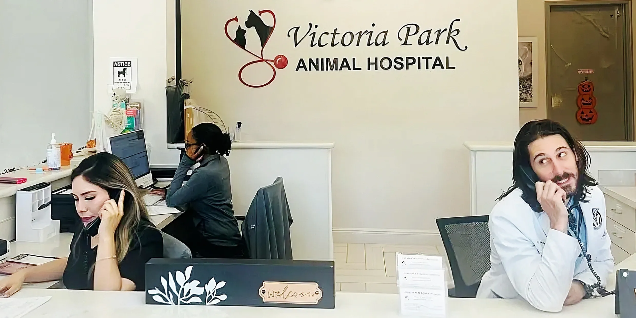 Staff members talking on phones at the reception desk of Victoriaa Park Animal Hospital.