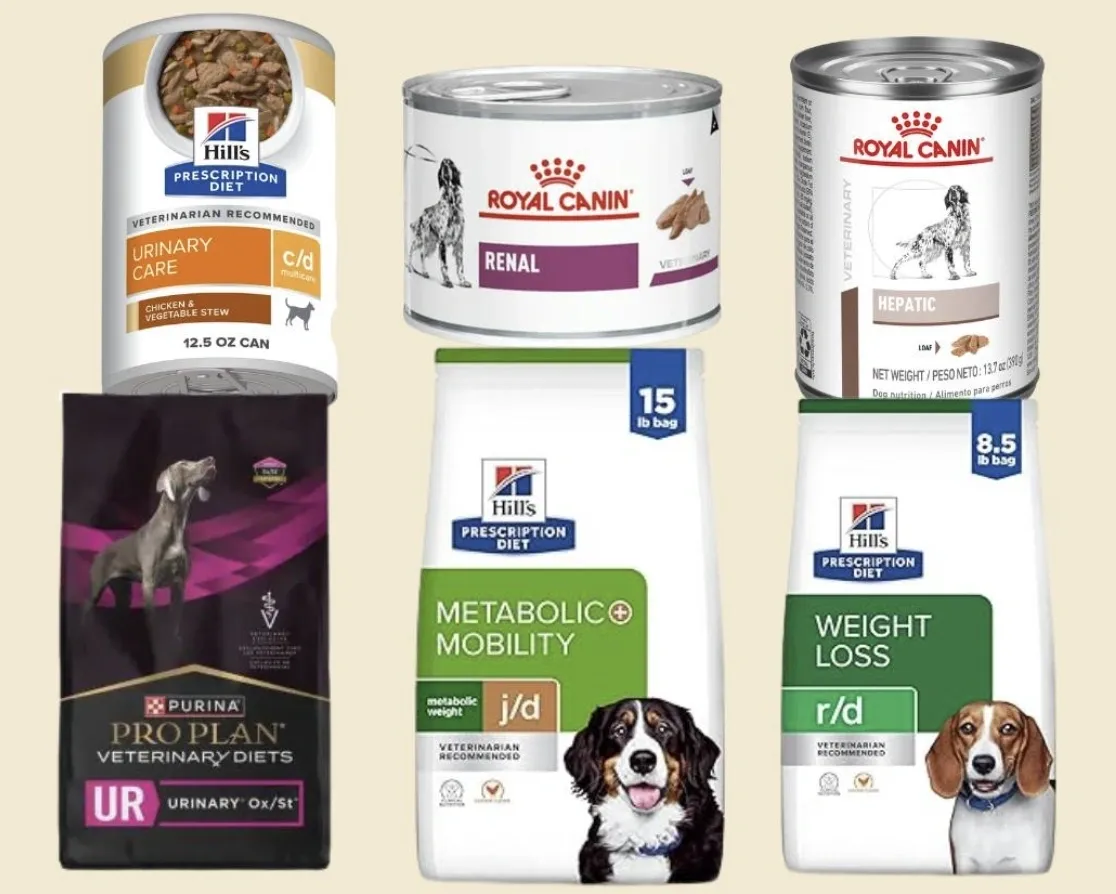 An assortment of veterinary diet dog food products, including prescription cans and dry food bags.