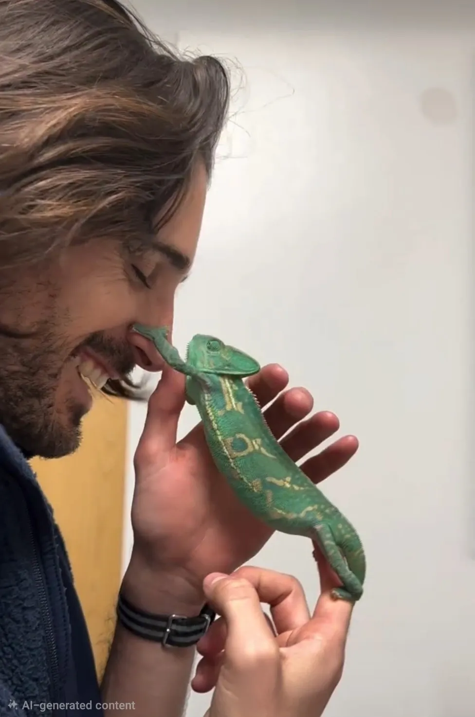 A smiling man gently holds a green chameleon that is resting its front leg on the tip of his nose.