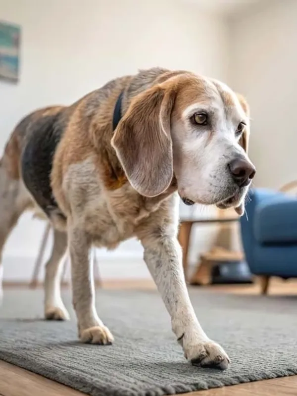 An older tri color Beagle dog walking on a gray rug inside a living room with a blue chair in the background.