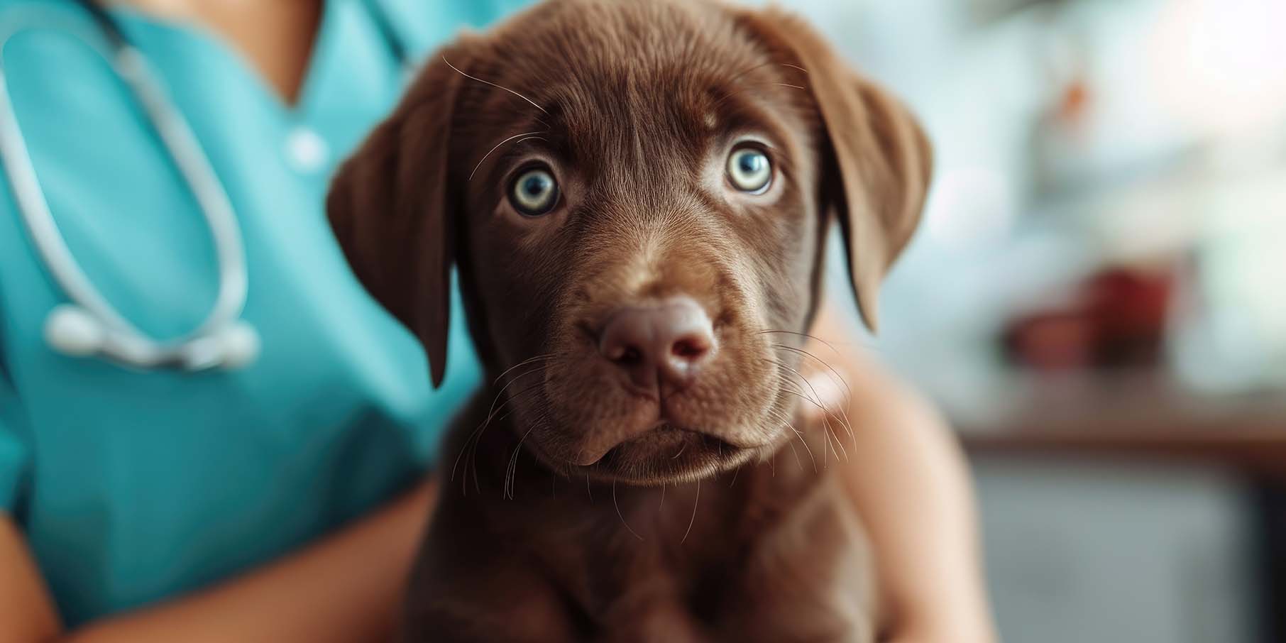 puppy being held by veterinarian.
